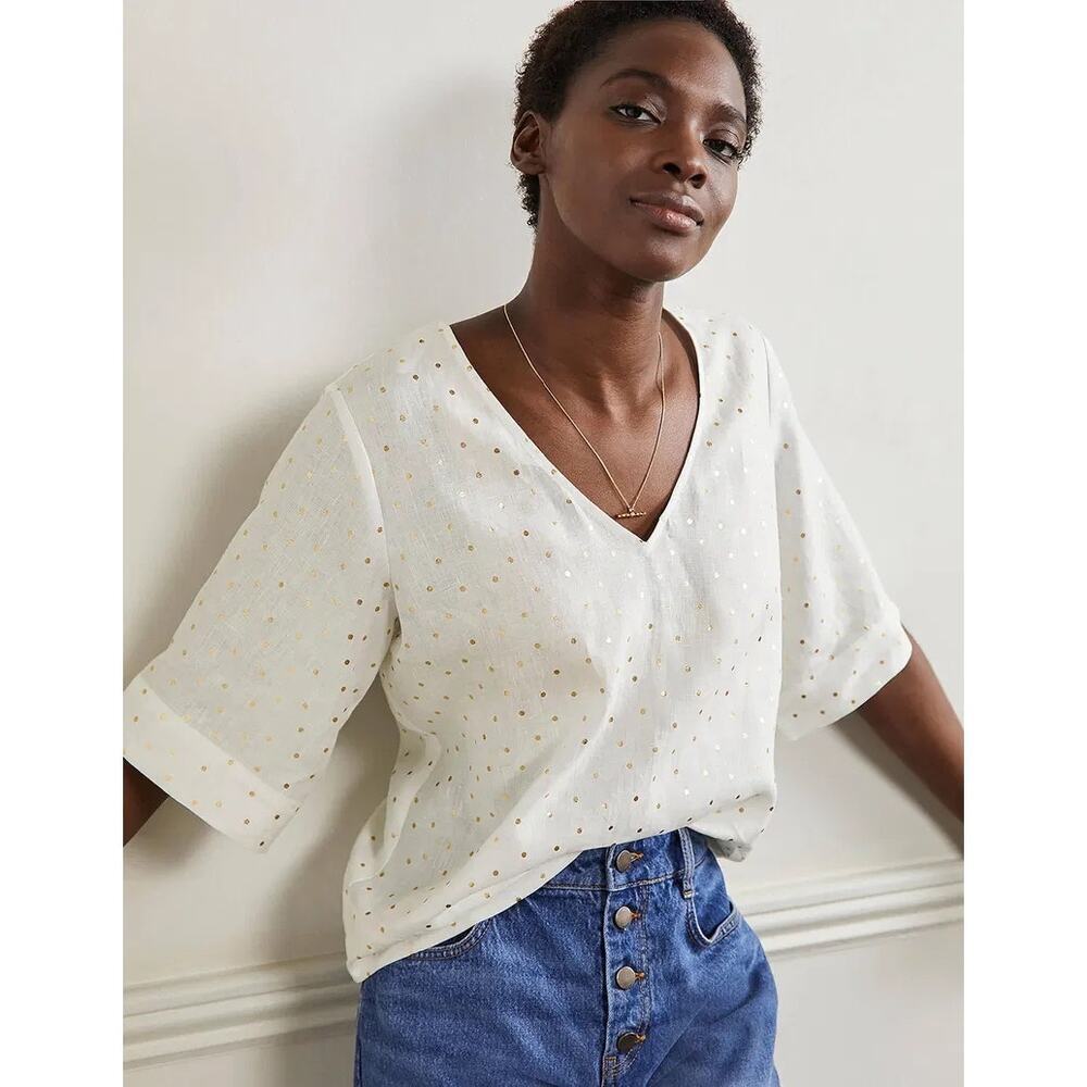 Boden White Linen Wide Sleeve Top 8 Gold Polka Dot V Neck Beach Breathable